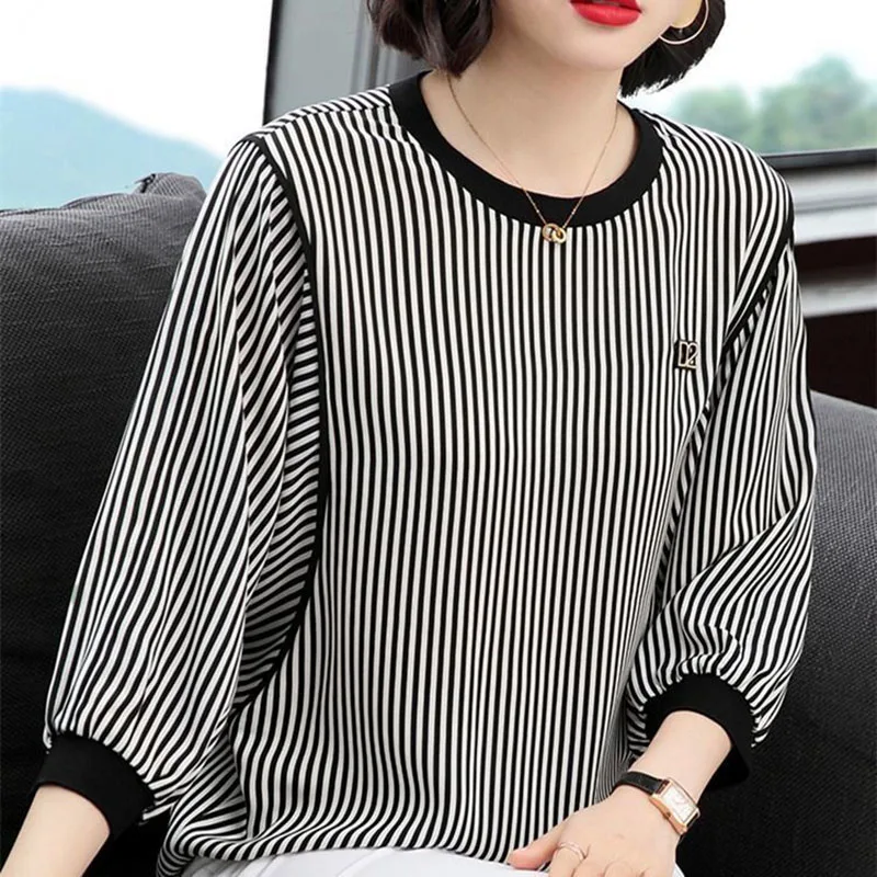 Blusa feminina emendada com batwing listrado, pulôveres casuais de grandes dimensões, camisa para comutar, roupa elegante, novo, primavera, 2022