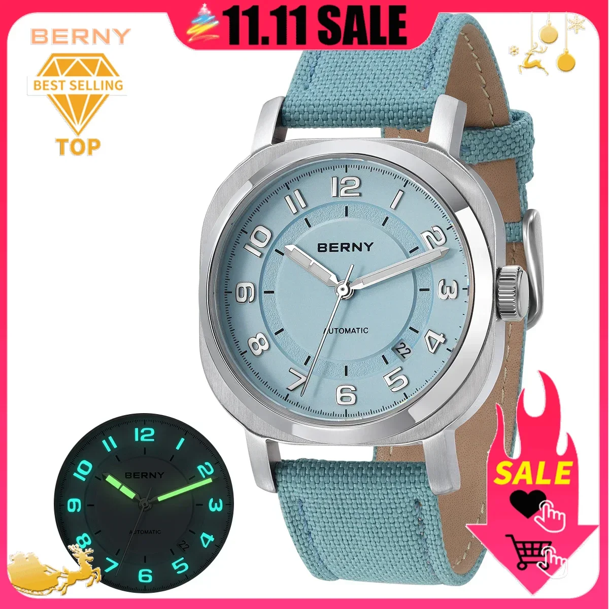 

BERNY Mechanical Watch for Women 38mm Pillow Cushion Sapphire Super luminous hands Wristwatch Canvas Calendar Watch forLadies