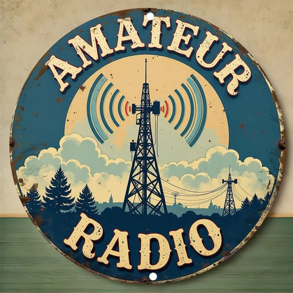Vintage Amateur Radio 2D Flat High Definition Metal Wall Art Retro Telecommunications Tower Signal Waves Typography Poster Nosta