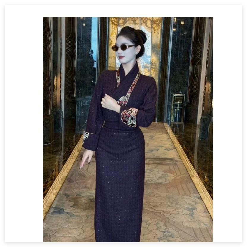 Chinese Tibetan Women's Autumn and Winter Thickened Dress Xizang Dress Gold Thread Bola Dress
