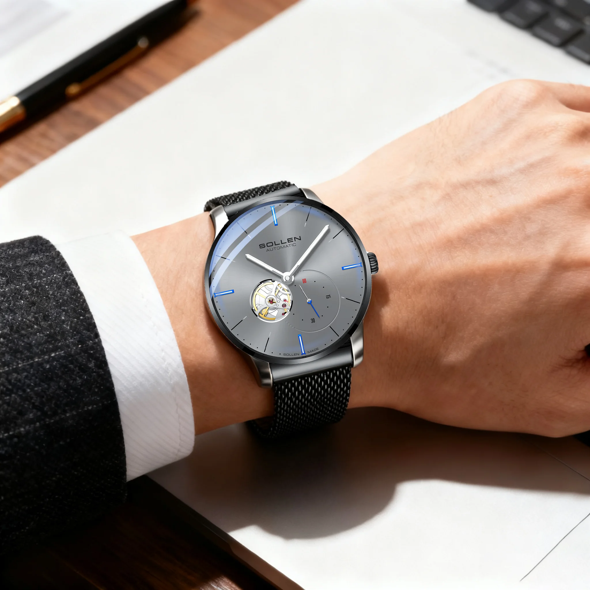 SOLEN Classic Men's Watch, Self-Winding Automatic, Luminous Hands, Calendar Display, Mechanical Wristwatch, Ideal Holiday Gift