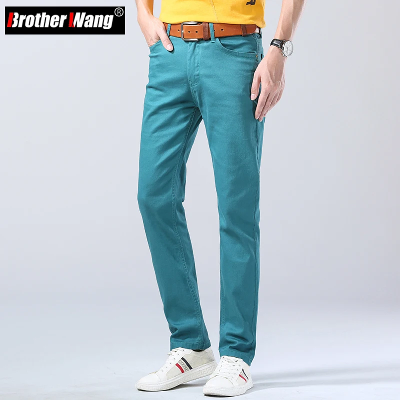 2023 Autumn New Men\'s Bright Stretch Fit Jeans Trendy Denim Straight-leg Trousers Male Red Lake Blue Yellow Trousers