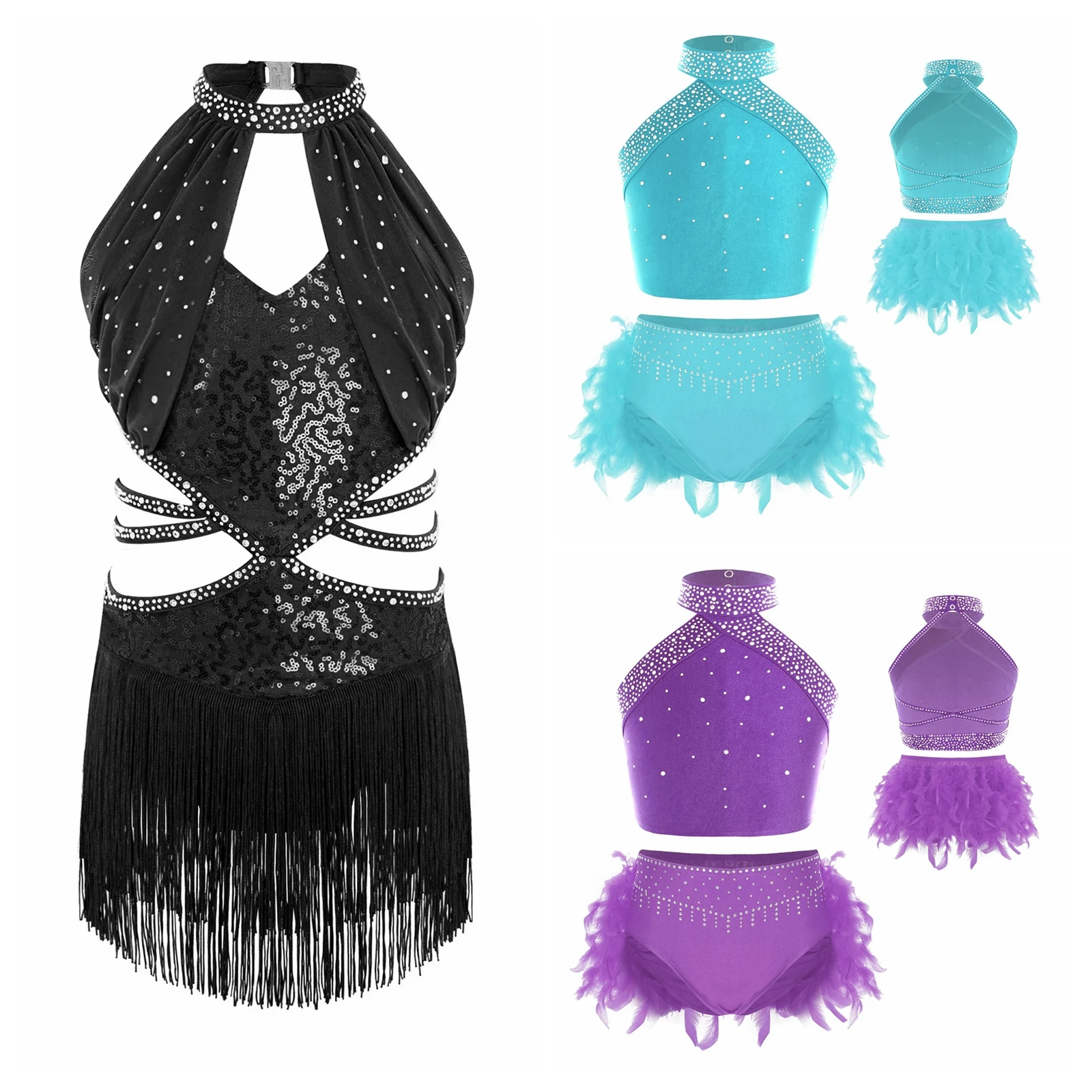 Kids Lyrical Latin Dance Costume Girls Cha-cha Samba Salsa Jazz Tango Dancewear Leotard Dress Cutout Tassel Sequin Dress