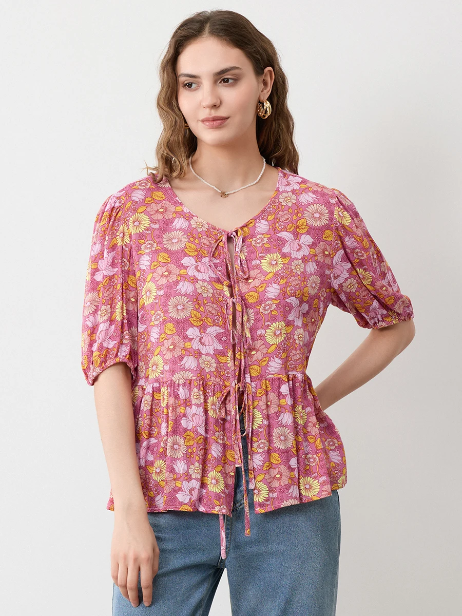 Blusa floral babydoll feminina, manga curta solta, laço frontal aberto, tops de bainha de babados, verão