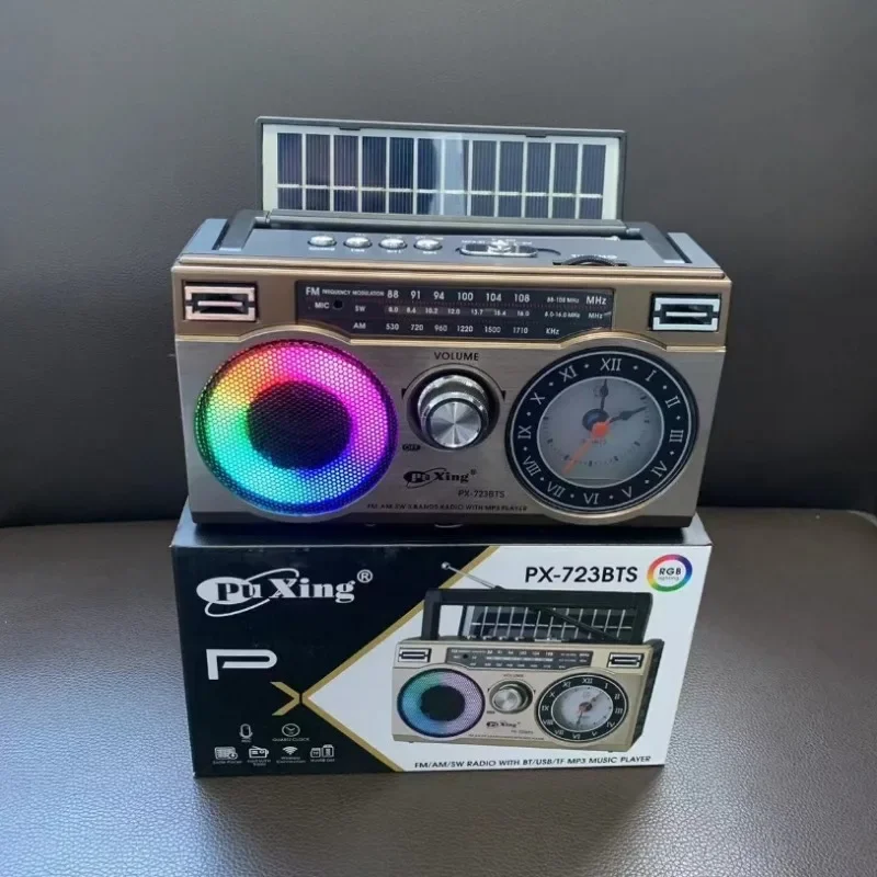 

Солнечная портативная винтажная ретро-радио USB Am FM Sw 3-полосный приемник Красочные радиоколонки с RGB-подсветкой и функцией записи часов