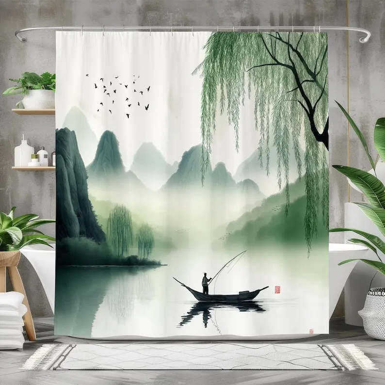 Rideau de douche Serene Mountain Lake, rideau de bain en tissu imperméable, décor de salle de bain Tranquil d'inspiration naturelle