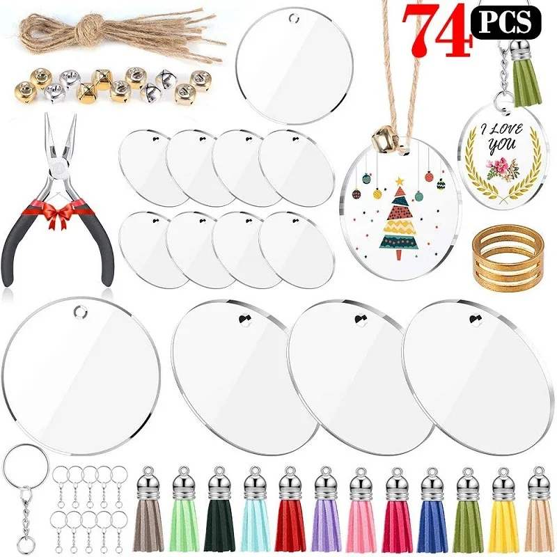 74pcs Acrylic Round Keychain Blanks with Key Rings&Tassels Small Bell DIY Keychains Set for Crafts