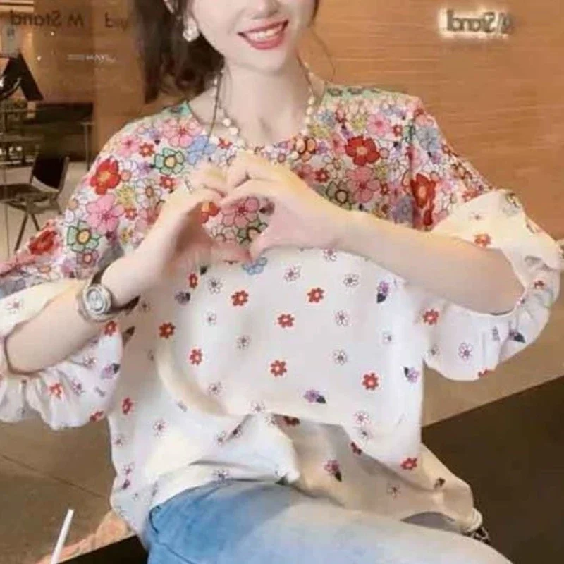 2024 New Summer Commuting Young Style Sweet and Fashionable Chiffon Lantern Sleep Loose Round Neck Printed Women's T-shirt Top