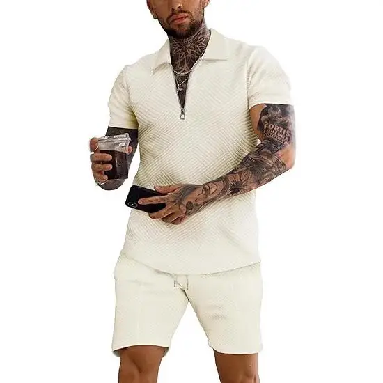 

Men's Knitted Zipper Lapel Shirt Short Sleeve Cover Casual Sportswear Set Autumn Season Seven Quarter Sleeve Short Pants