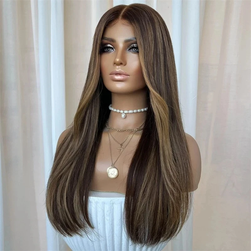 

Warm Medium Brown with Blonde Highlights Wig Wear and Go Glueless Wig Straight Lace Front Synthetic Wigs for Women Middle Part