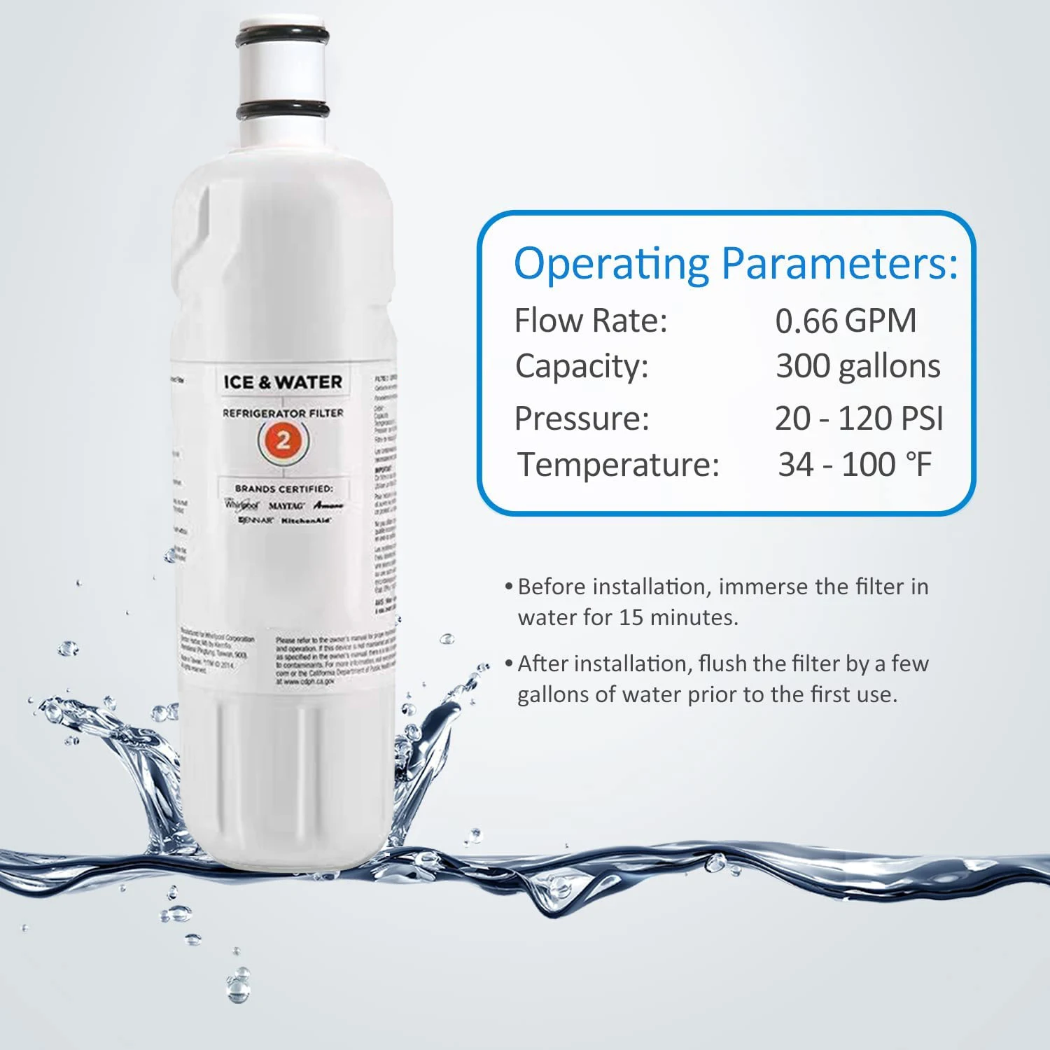 NSF Certified Brand Genuine EDR2RXD1 Refrigerator Water Filter, Compatible with W10413645A, W10413645, Filter2 469082, 469903