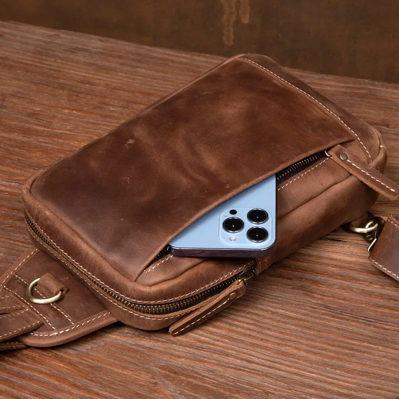 Crazy horse leather vintage chest bag top layer cowhide handmade genuine leather men's motorcycle shoulder bag single shoulder