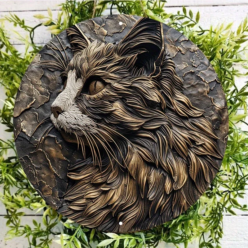 

Cat Image Aluminum Metal Sign, Waterproof and Weather Resistant Wall Decor, Pre-Drilled Holes, Round Artwork for Door Hanger