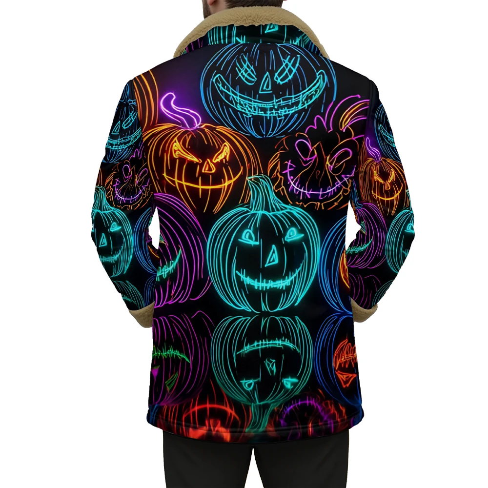 

Neon Pumpkin Jacket Faux Fur Collar Print Unisex Coat Button Pockets Reel Halloween Party Coats Festival Streetwear Men Clothing
