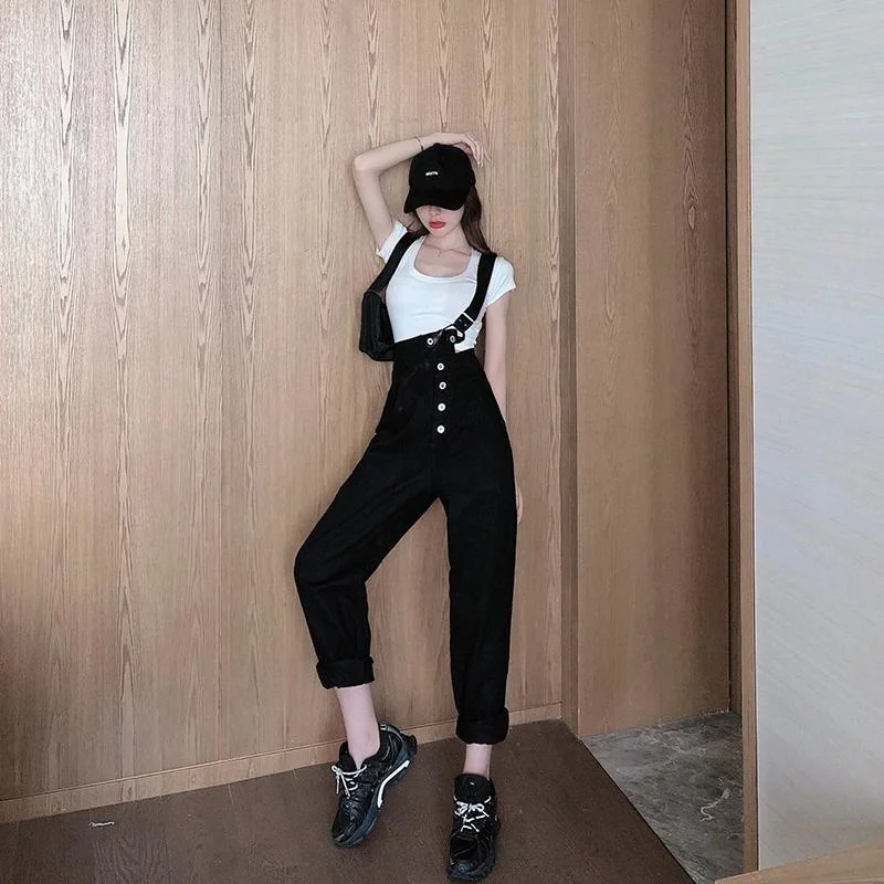 Korean Fashion High Waist Denim Strap Jumpsuits Pants For Women New Loose Fashion Versatile Casual Rompers