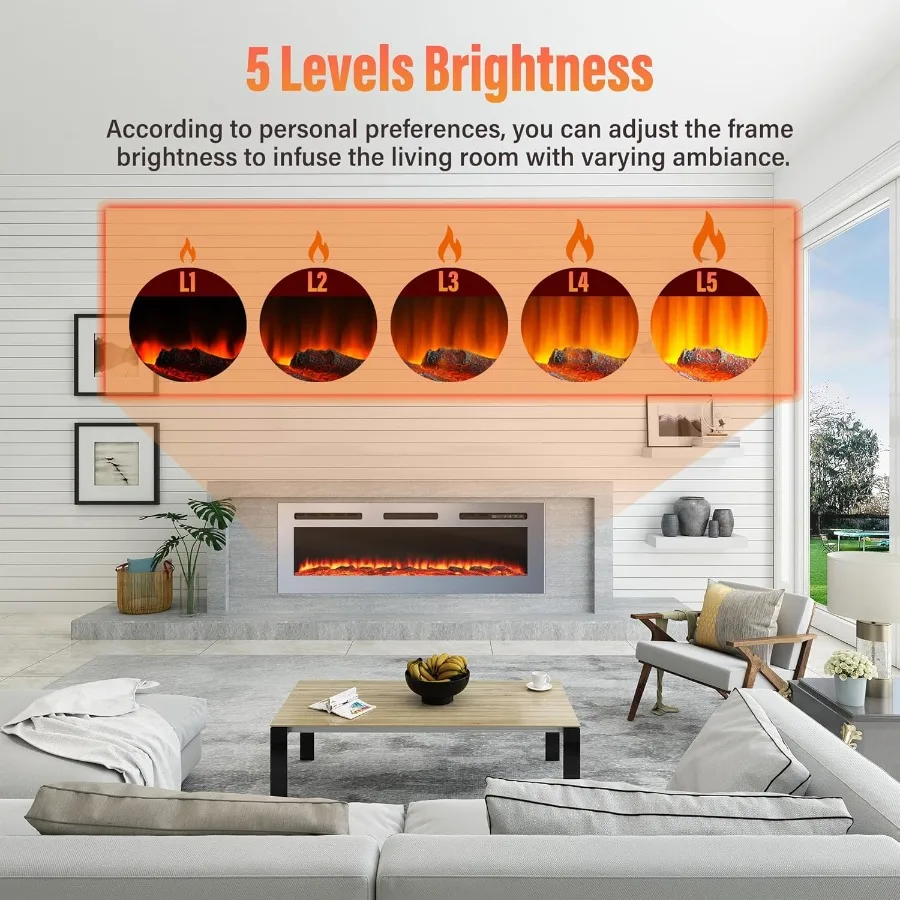 Camino elettrico in acciaio inossidabile Luoghi antincendio da 50 pollici Inserti per caminetto elettrico Camino elettrico da incasso e a parete