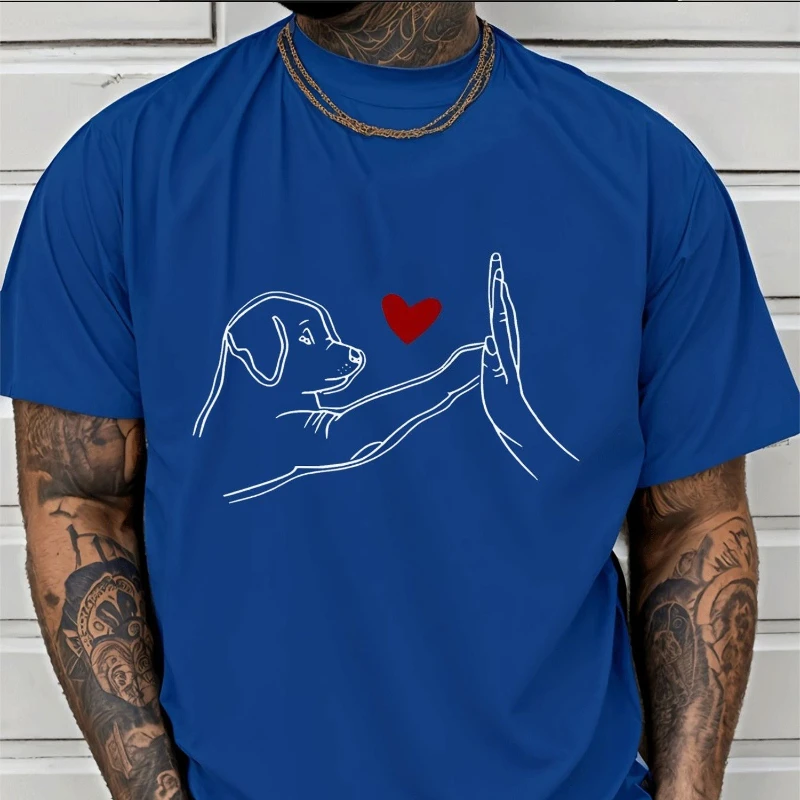 Trendy Street Style T Shirt Classic Fashion Casual Round Short Sleeve with Line Art Dog High Five Human Hand Red Heart Pattern