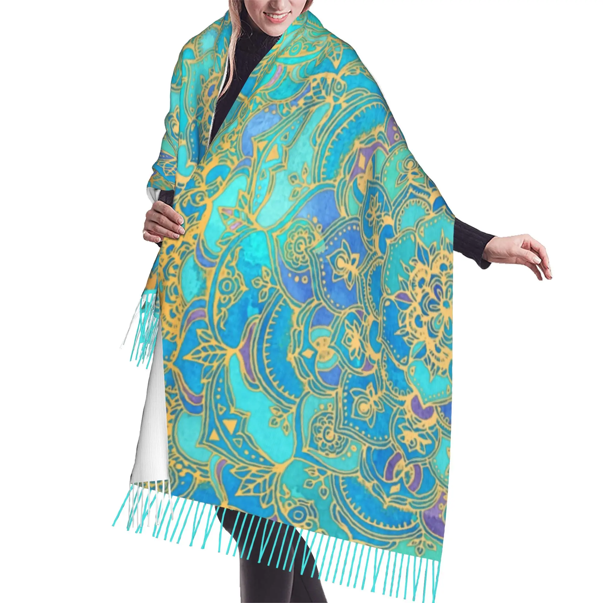 Custom Sapphire Jade Stained Glass Mandalas Scarves Winter Fall Soft Warm Tassel Shawl Wrap Buddhism Aum Yoga Meditation Scarf