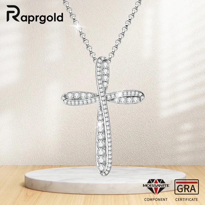 

RAPRGOLD D VVS1 Moissanite Cross Pendant Necklace for Women 925 Sterling Silver Chain with GRA Certificate Wedding Jewelry Gift