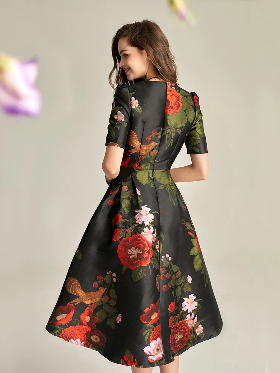 DEVCHATA Quality Luxury Brocade Women Short Sleeves Fashion Swallow Tail Dress Girl Party Floral Elegant   Prom Clothes