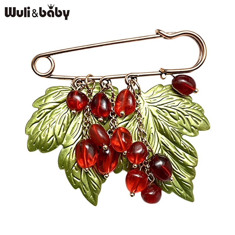 Wuli&baby Vintage Flower Brooch Pin For Women Red-beads Leaves Office Causal Brooches Pins Gifts