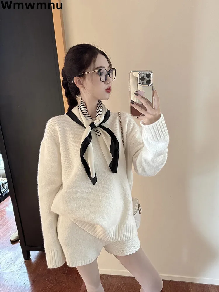 Korea Elegant Women Knitted 2 Piece Sets Fashion Lapel Cadigan Sweater Coats Tops Outfit Lace-up High Wasit Wide Leg Pants Suit