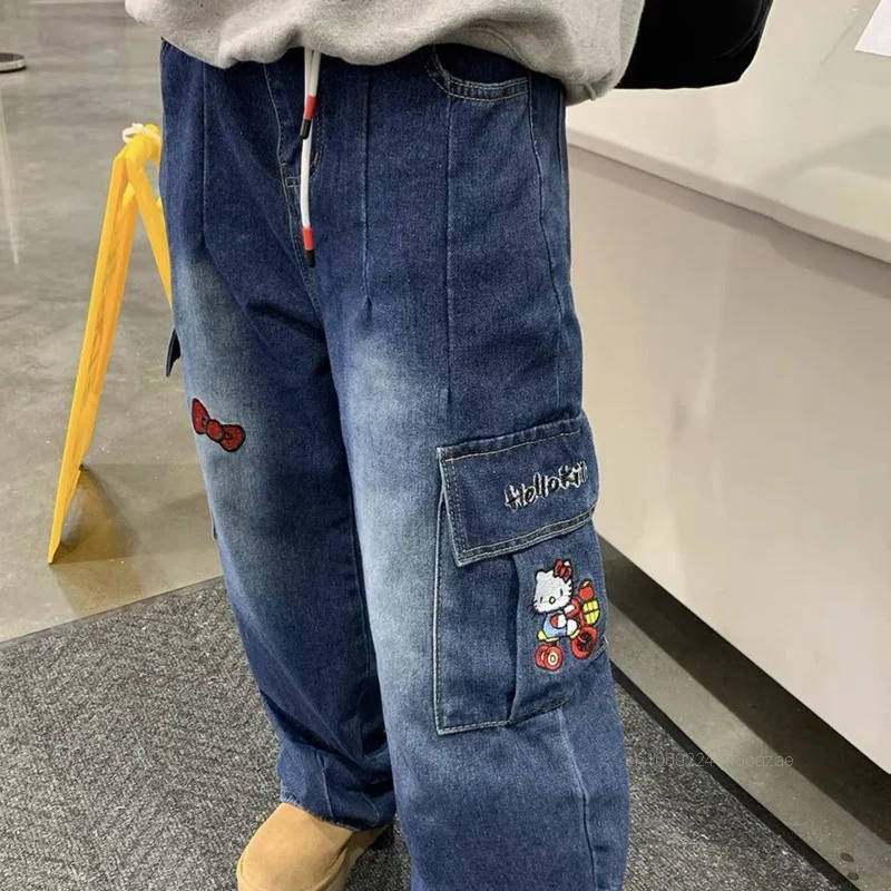 Sanrio Hello Kitty Cute Cartoon Embroidery Straight Tube Jeans American Style Trend Loose Jeans Women's Side Pocket Floor Pants