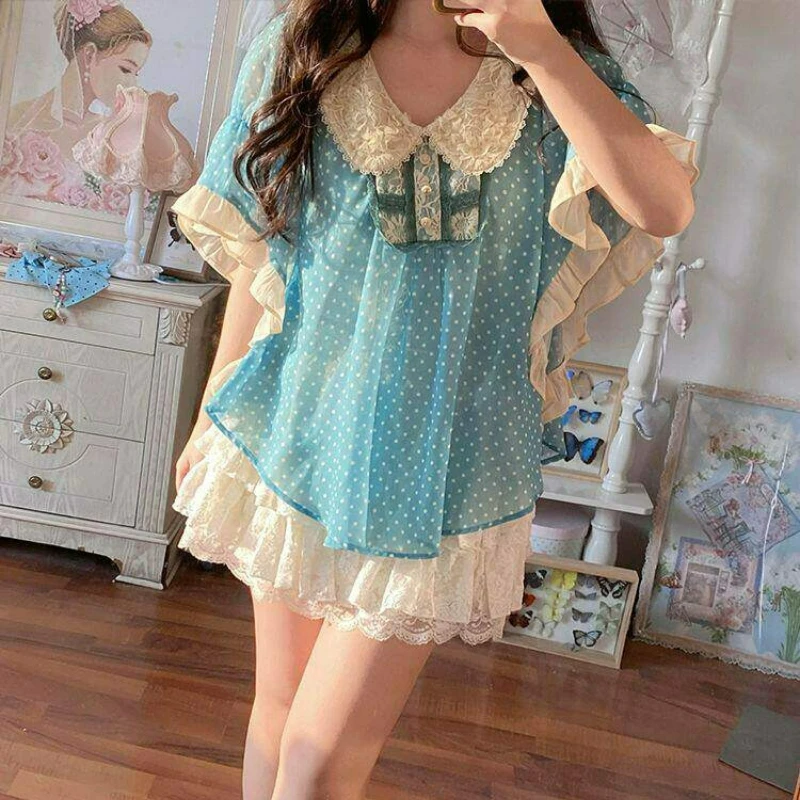 2026 Summer New Polka Dot Doll Collar Loose Women's Top Retro Design Sweet Cool Fashion Cute Y2k Versatile Skirt Suit Ladies