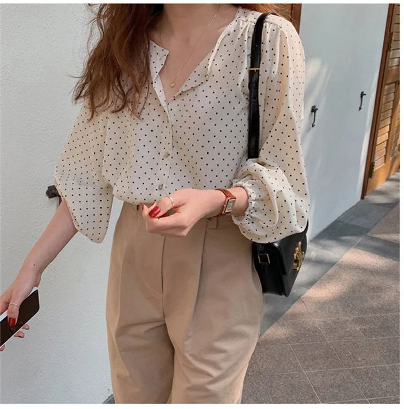 PLAZSON قمصان وبلوزات camisas e blusas рубашка Spring Elegant Dot Print Blouse Women Lapel Top Autumn Button Long Sleeve Shirts