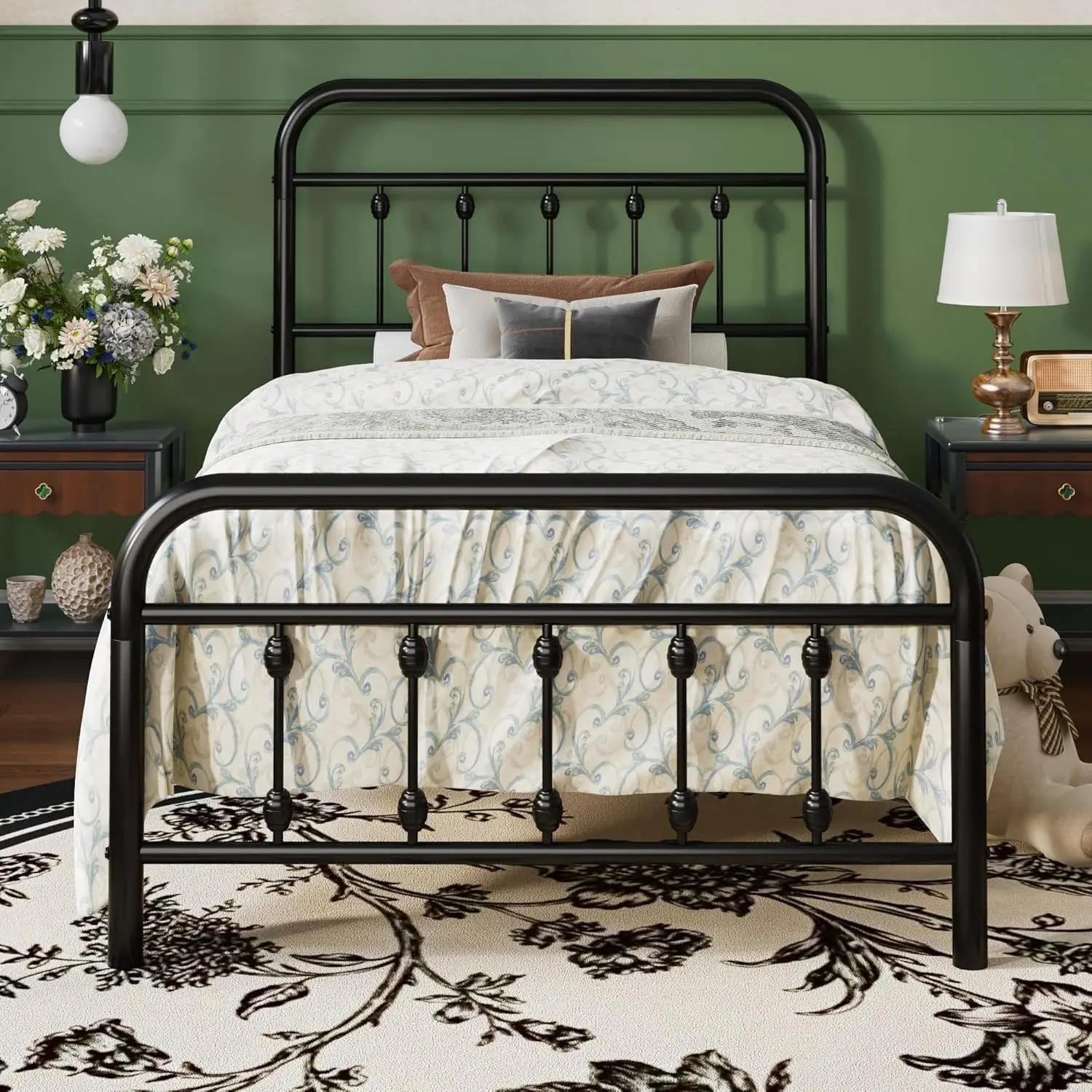 

Twin Metal Bed Frame with Victorian Iron Headboard, No Box Spring Needed, Easy Assembly, Black