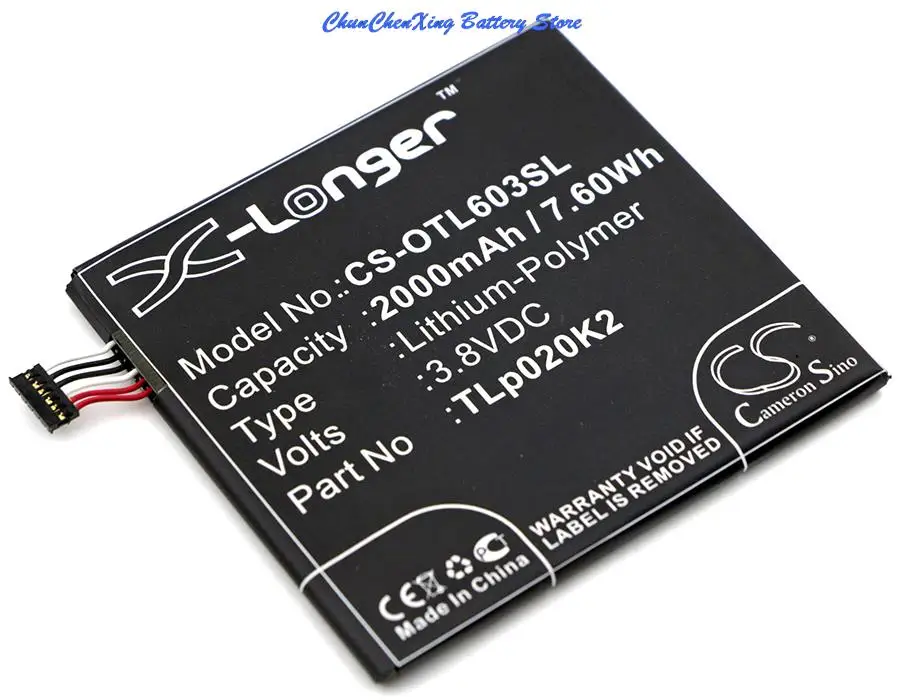 Cameron Sino 2000mAh Battery TLp020K2 for Alcatel One Touch Idol 3 4.7, OT-6039, 6039H, 6039J, 6039K, 6039S, 6039Y