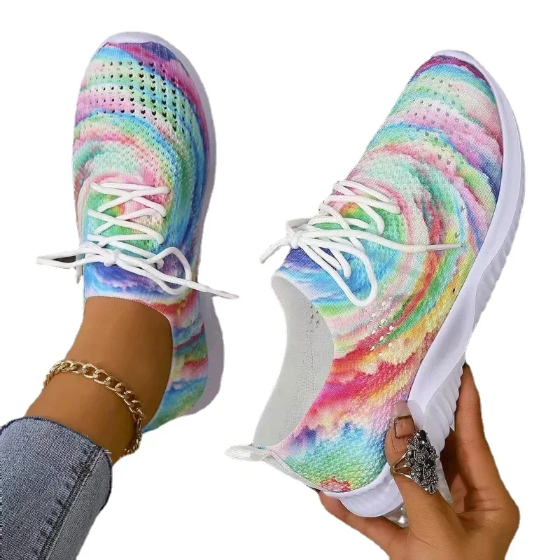 Women Mix Color Mesh Knitted Sneakers Autumn Lightweight Breathable Soft Sole Running Shoes Woman Slip on Flats Sock Shoes 2024