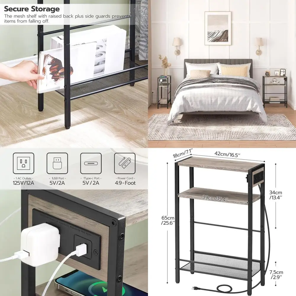 

Пара компактных приставных столиков с зарядными портами для ограниченных пространств, тонкие прикроватные тумбочки с USB и розеткой, полка для хранения у дивана