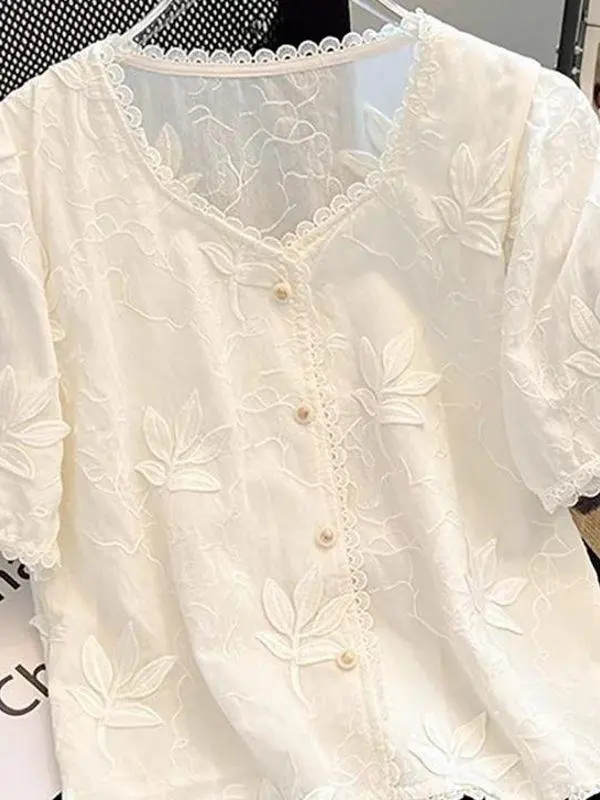 エレガントなレースカラー半袖刺繍花柄ヴィンテージデザインサマートップビジネススタイルファッションアクセサリー
