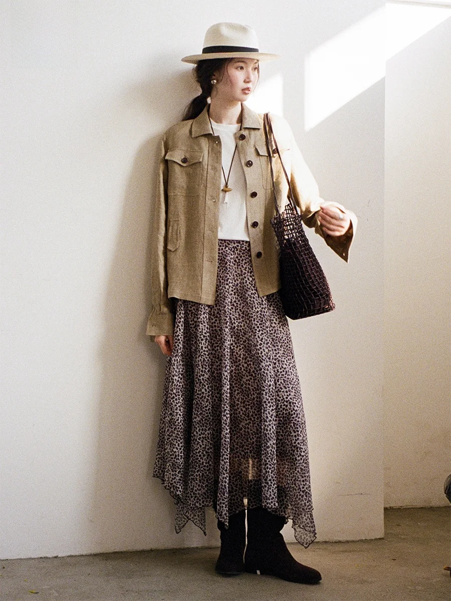 

Even Vintage Retro Loose Fit Asymmetrical mat High Waist Leopard Print f Skirt for Women Casual A-Line Skirt