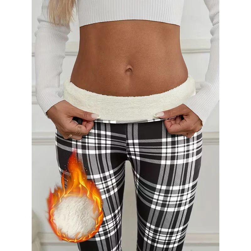 

Женские клетчатые леггинсы из овечьей шерсти, осенне-зимняя одежда, винтажные уличные теплые леггинсы, женские утепленные леггинсы с высокой талией на плюшевой подкладке