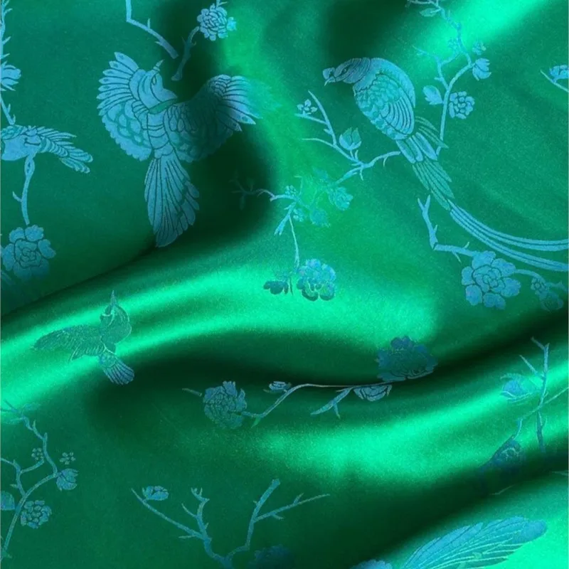 Jacquard satin silk mixed flower and bird figure heavy crepe cheongsam Hanfu cloth Chinese style handmade blue fabric