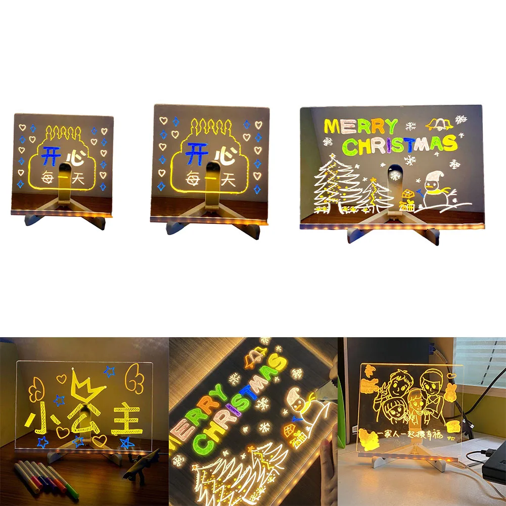 ضوء ليلي بمفكرة LED مع 7 أقلام ملونة يمكنك صنعها بنفسك لوحة رسائل أكريليك لوحة رسم قابلة للمسح مثالية لعيد ميلاد الأطفال