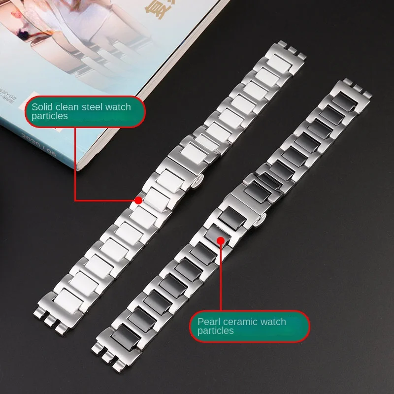 For Swatch Ceramic+ Stainless steel Strap YVS434G YCS485GC YVS511GC YVS410GX Folding clasp bracelet men women watchband 17m 19mm