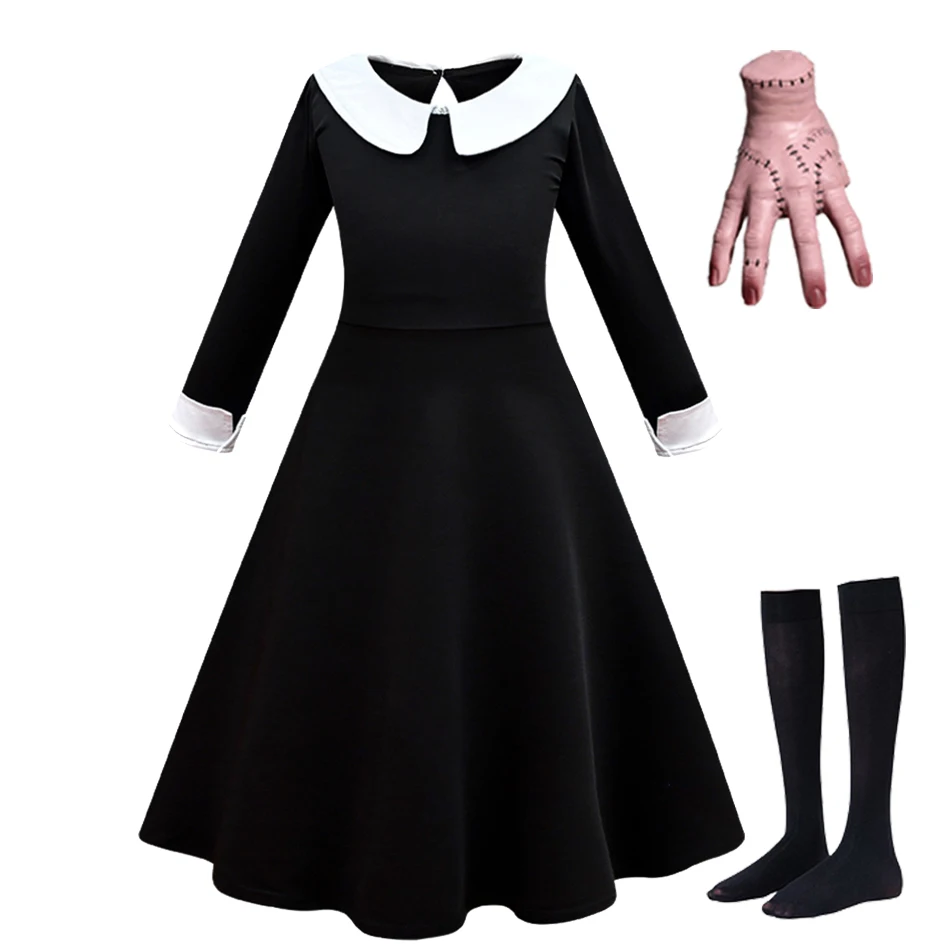 Children Addams Dress Kids Princess Black Wednesday Dance Dress Girls Cosplay Halloween Horror Costume Family Carnival Disguise