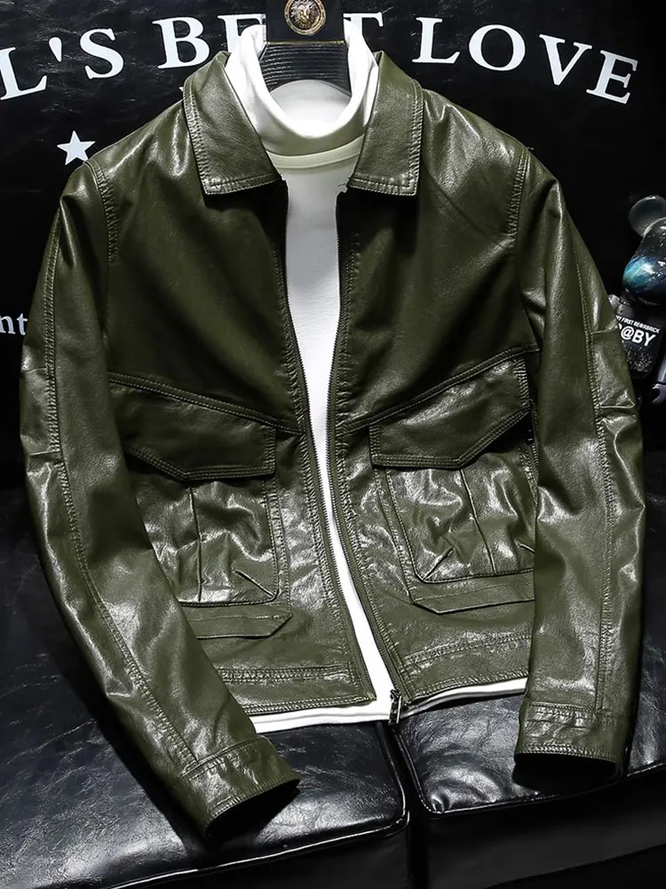 

Модная кожаная куртка в стиле ретро для мужчин, приталенная, с воротником, повседневная, с коротким рукавом, на молнии, однотонная