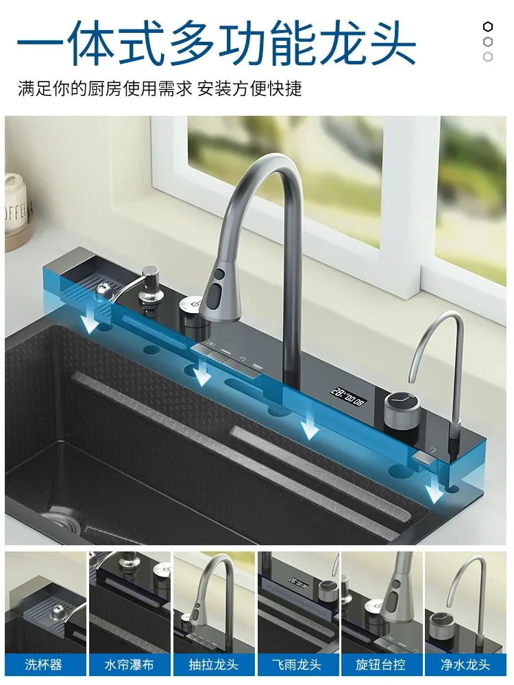 Sink Digital Display Washing Basin Ambience Light Kitchen Large Single Sink Washing Dishes Left Side Water