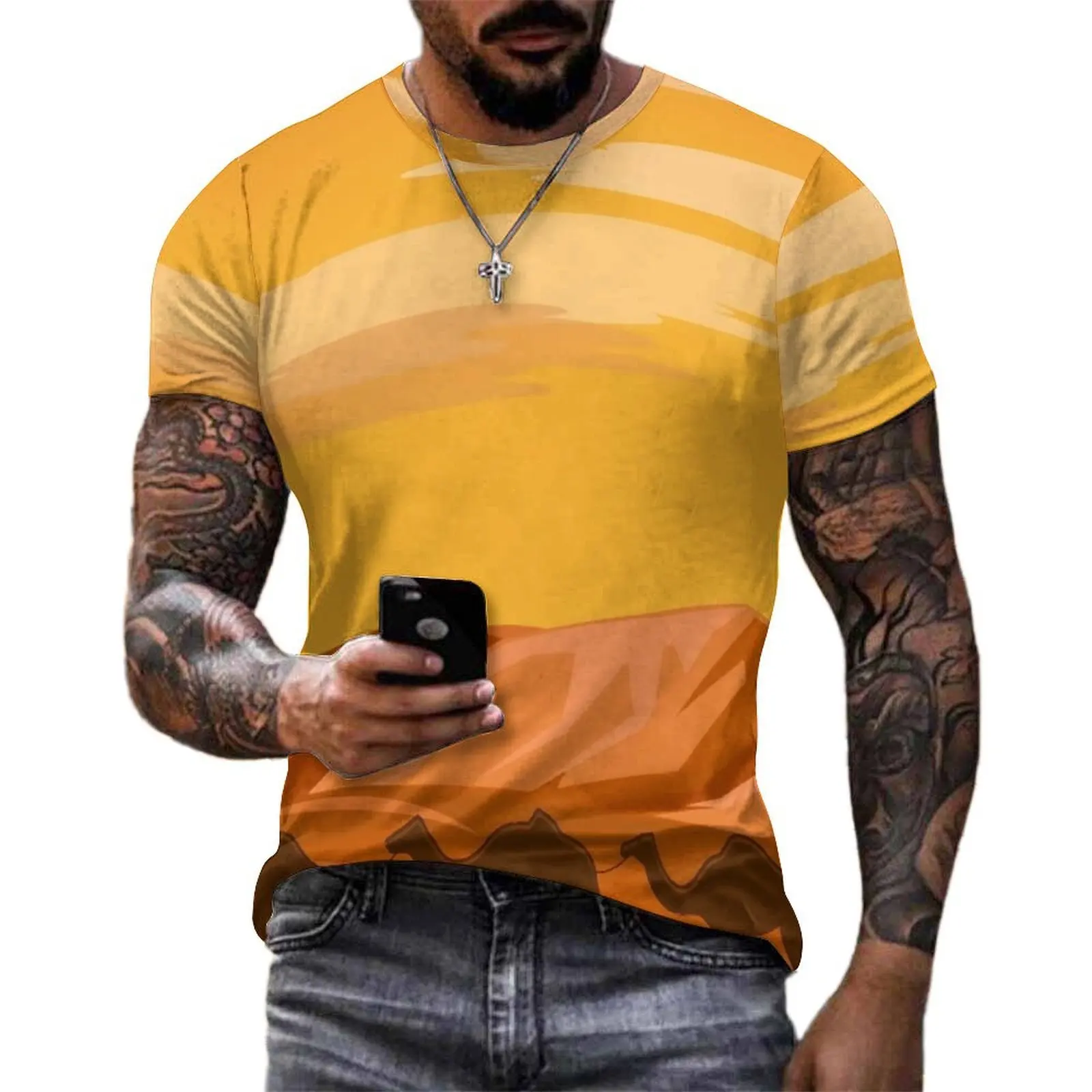 Plus Size T Shirt Summer Sunset in The Desert T-Shirts Camel Aesthetic O-Neck Tee Shirt Male Vintage Graphic Tees