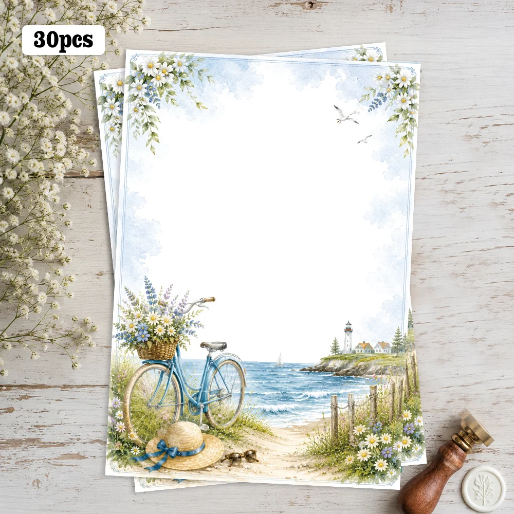 30 Sheets, B5 Summer Seaside Cycling Theme Writing Paper, Lined, No Glue, Very Suitable For Notebooks, Memos, And Stickers