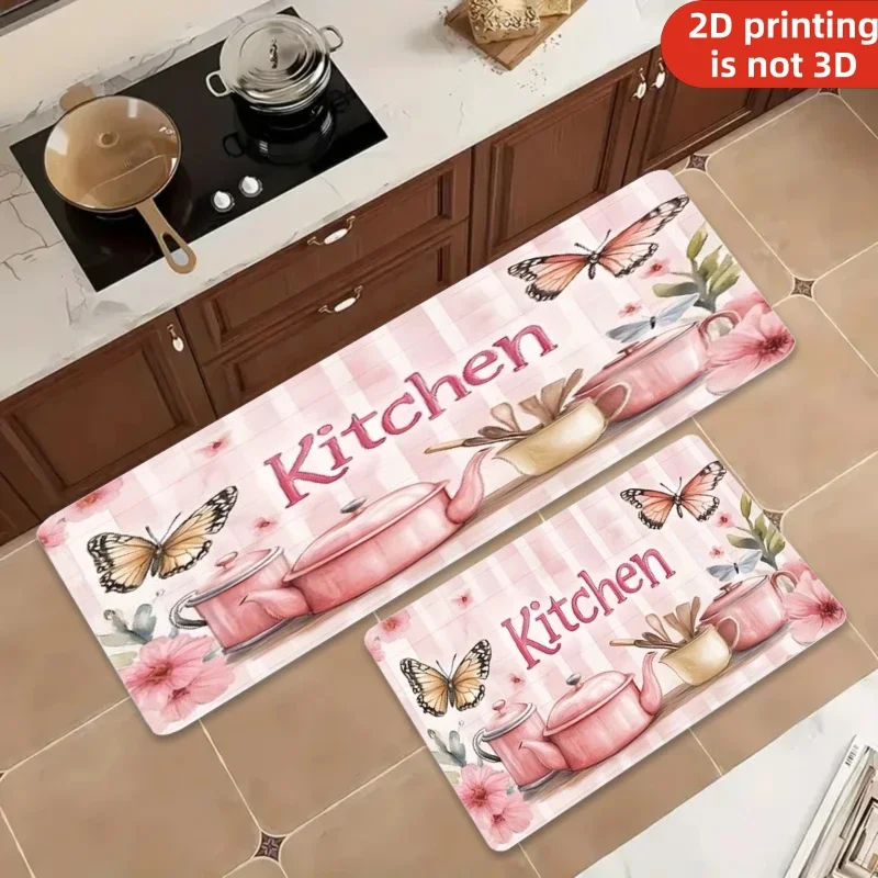 Pink Kitchen Teapot & Butterfly 100% Polyester  Kitchen Mat, Non-Slip Soft Plush Floor Mat, Sweet Floral Decorative Mat for Ki