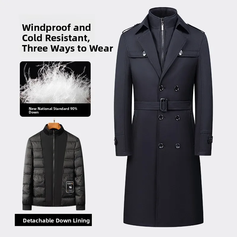 

Мужское двубортное удлиненное пальто средней длины с белым пуховым утеплителем, съемная подкладка до колен, повседневная городская модная парка