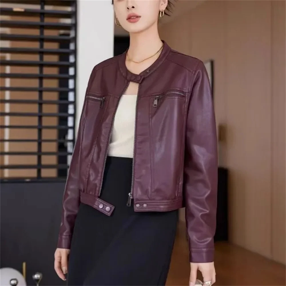 

Весенне-осенний темперамент, модная и простая повседневная и облегающая однотонная кожаная куртка для женщин