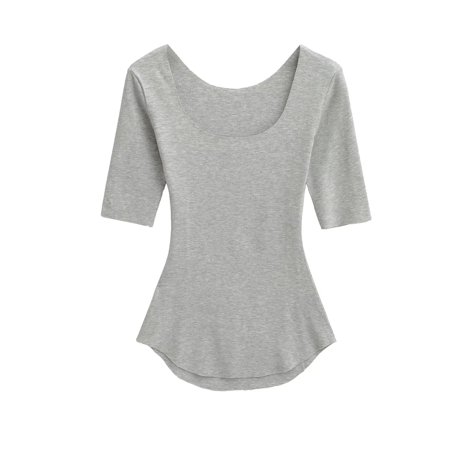 Retro American Sexy Slim Fit U-Ne Mask T-Shirt Damen Taille Cinching Bot Hem Arc Sve Mittellange Basis irt