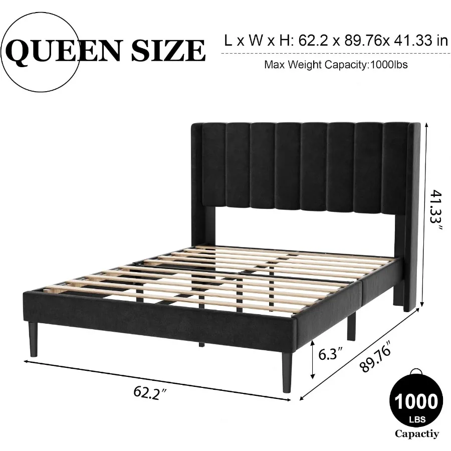Queen Size Velvet Bed Frame with Vertical Chanel Tufted Headboard and Wingback, Upholstered Platform Bed, Strong Wooden Slats, - view 2