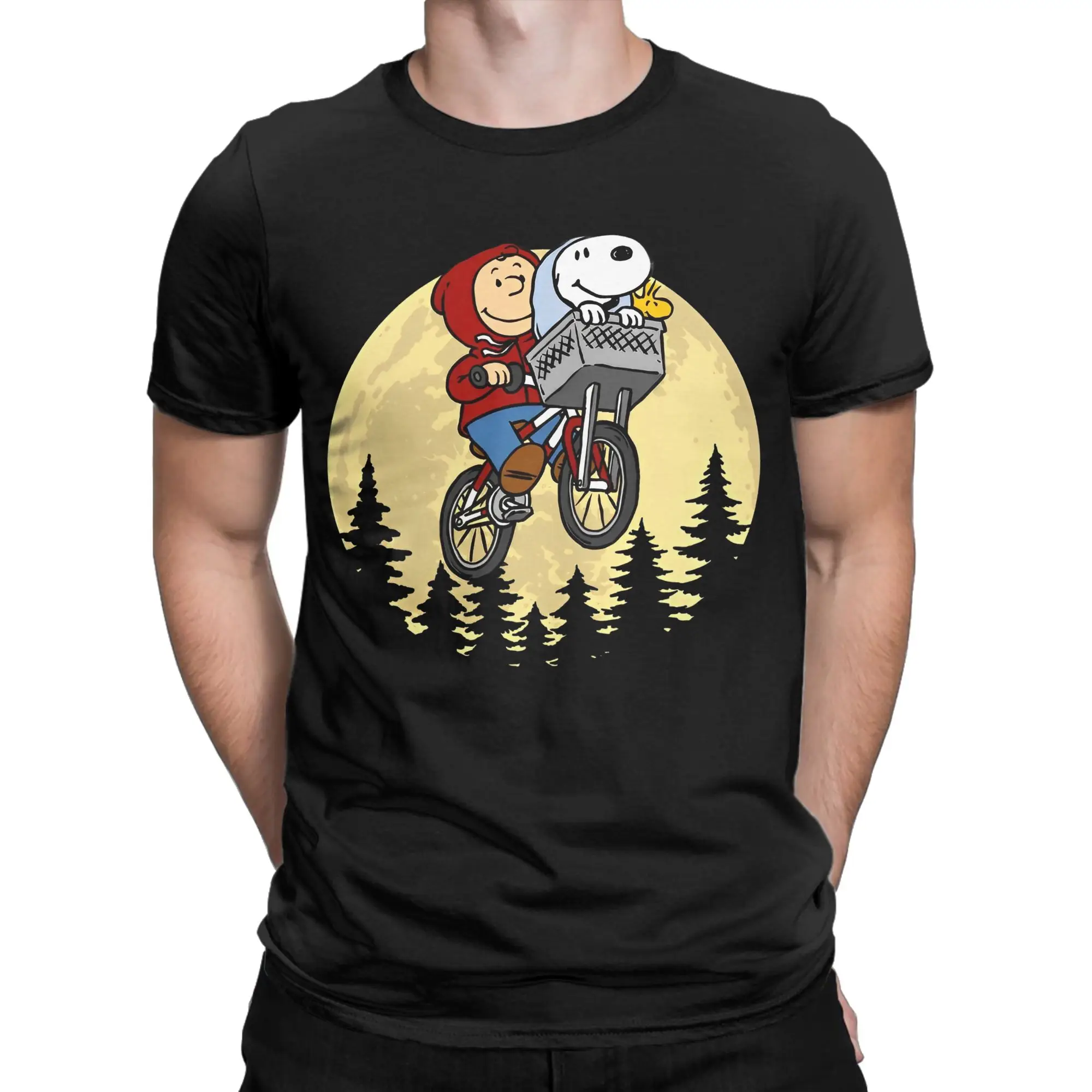 Snoopy  Charlie  Moonlit Cycling T Shirts for Men Women Cotton Vintage T-Shirt Round Neck  Tee Shirt Short Sleeve Clothing